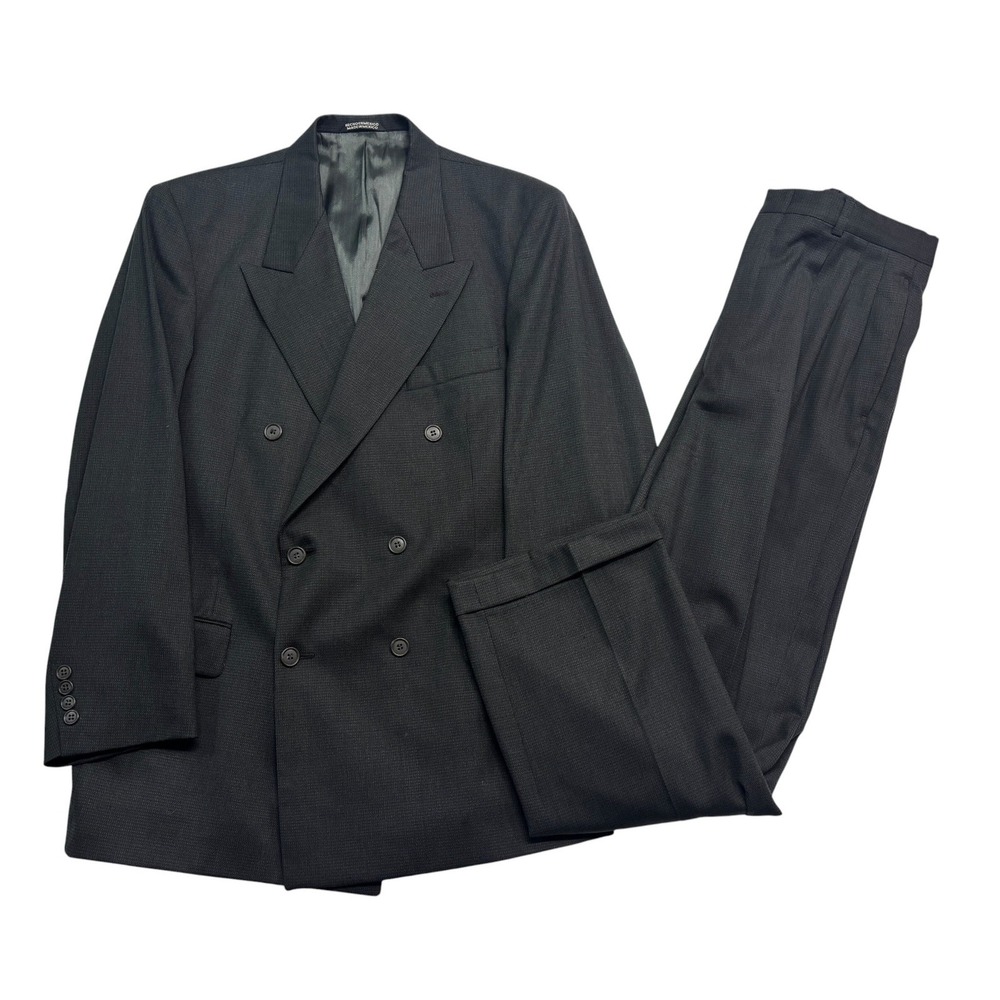 vtg 90s Stafford 40R 34x30 Dark Green Double Breasted 2pc Pant Suit Wool Pleated